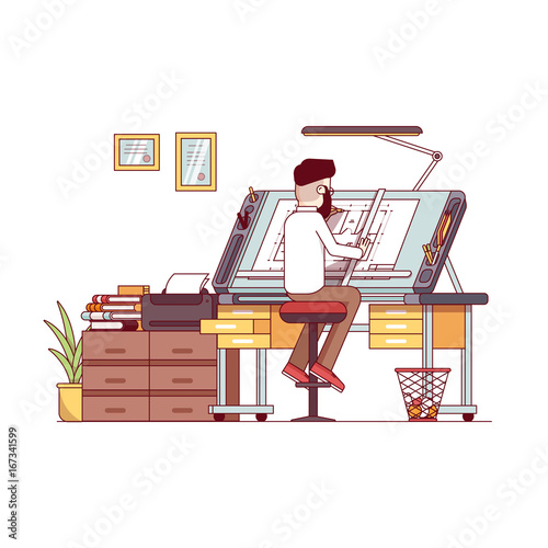 Man architect drawing house project floor plan