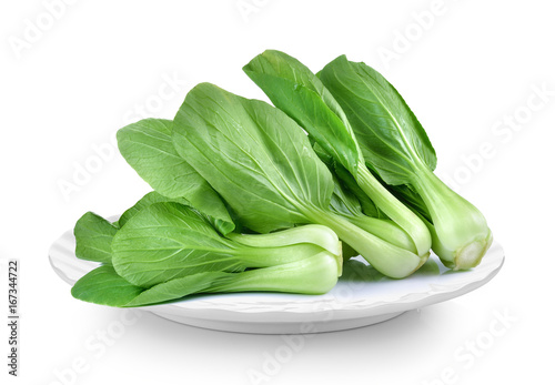 Bok choy vegetable in plate on white background