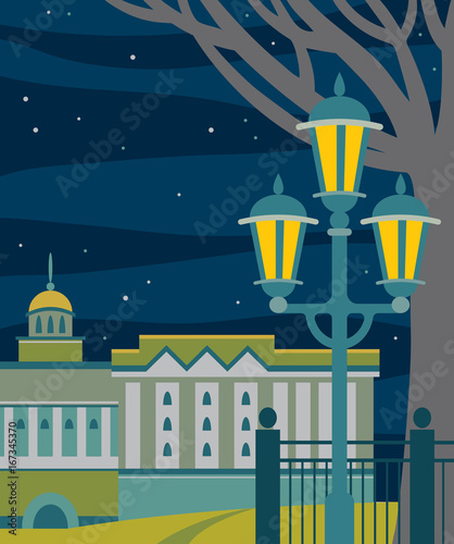 City night landscape - building, streetlight, tree, starry sky.