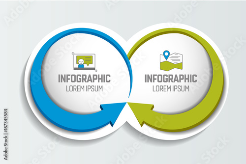 Two business elements banner, template. 2 steps design, chart, infographic, step by step number option, layout. 3D cyrcle style.