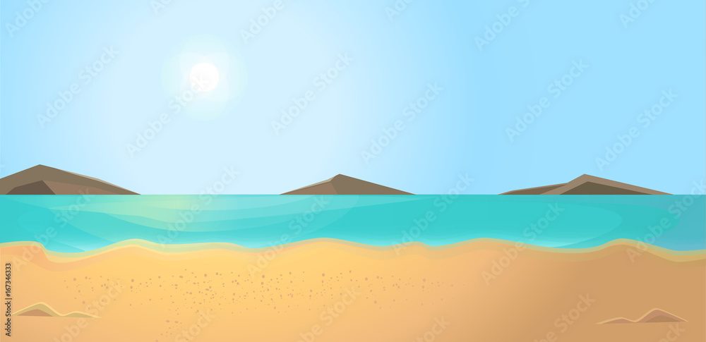 Bright time of day on the beach. Summer vector illustration, landscape..