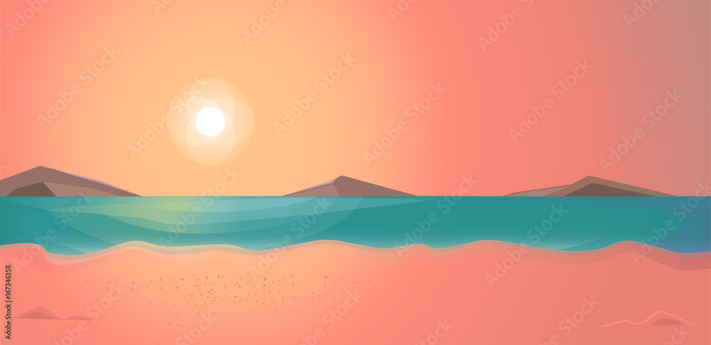 Evening time on the beach. Summer vector illustration, landscape..