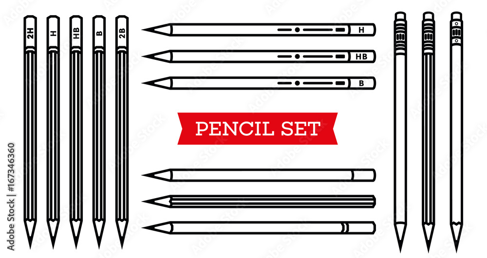 Stationery collection. Writing tools. Pencil set. Outline style. Pencil thin line vector icons with diferent classic design. Back to school. Writing materials Stationery collection. Writing tools. Pencil set. Outline style. Pencil thin line vector icons with diferent classic design. Back to school. Writing materials