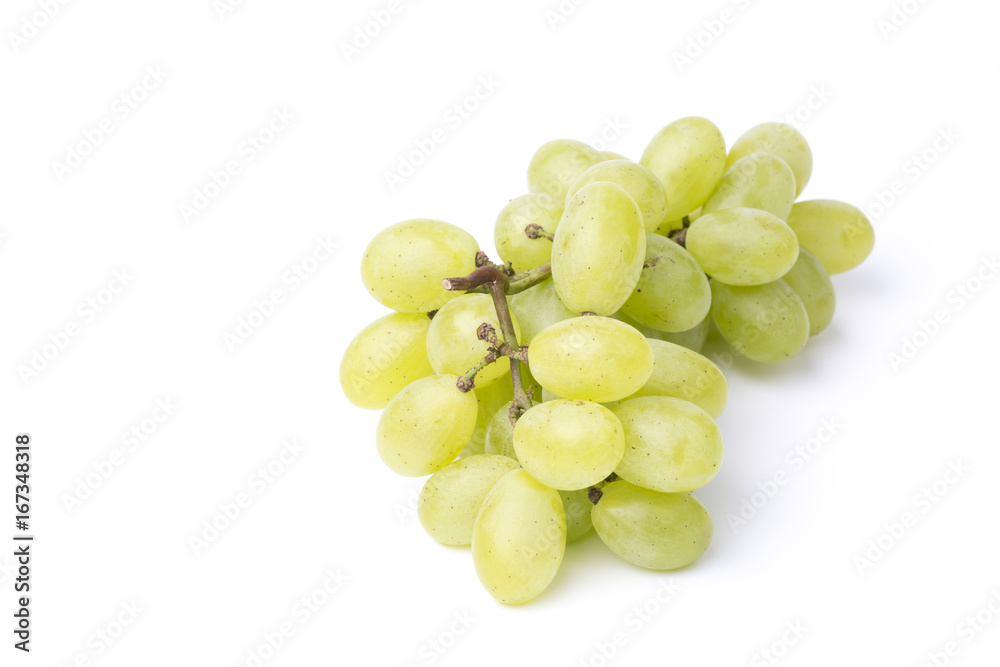 Bunch of green grapes on white background.