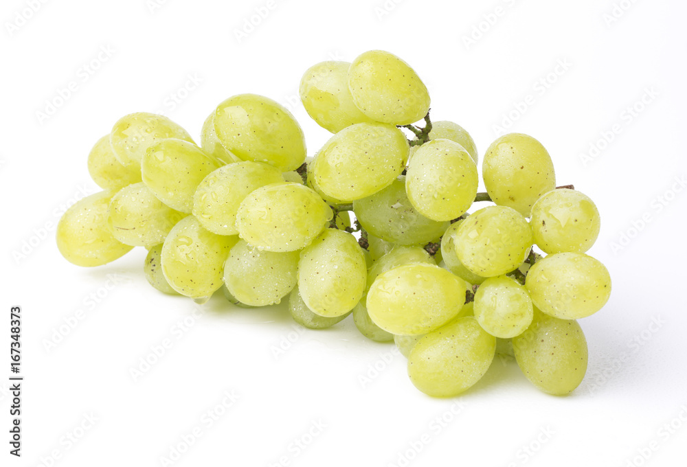 Fresh green grapes with waterdrops on the white background. Fresh green grapes with waterdrops on the white background.