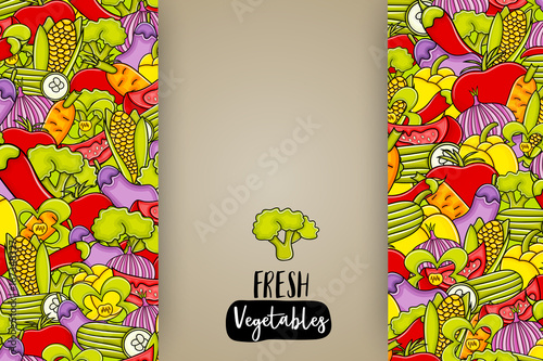 Vegetables cartoon doodle design. Cute background concept for greeting card, advertisement, banner, flyer, brochure. Hand drawn vector illustration. 