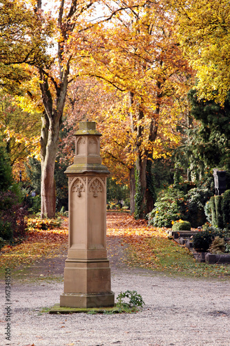 stone pillar and autumn leaves