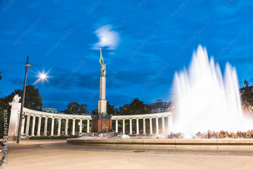 Heroes monument of the Red Army in Vienna at night