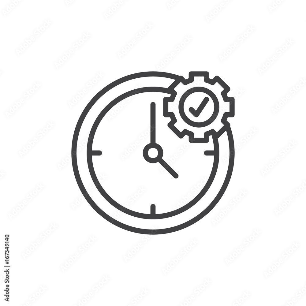 Time management line icon, outline vector sign, linear style pictogram isolated on white. Clock and cogwheel symbol, logo illustration. Editable stroke. Pixel perfect vector graphics Time management line icon, outline vector sign, linear style pictogram isolated on white. Clock and cogwheel symbol, logo illustration. Editable stroke. Pixel perfect vector graphics