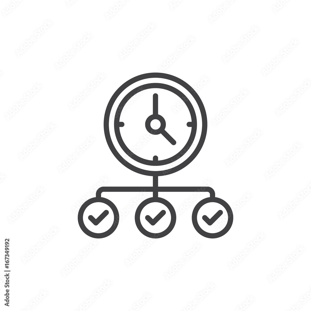 Clock with check marks line icon, outline vector sign, linear style pictogram isolated on white. Symbol, logo illustration. Editable stroke. Pixel perfect vector graphics Clock with check marks line icon, outline vector sign, linear style pictogram isolated on white. Symbol, logo illustration. Editable stroke. Pixel perfect vector graphics