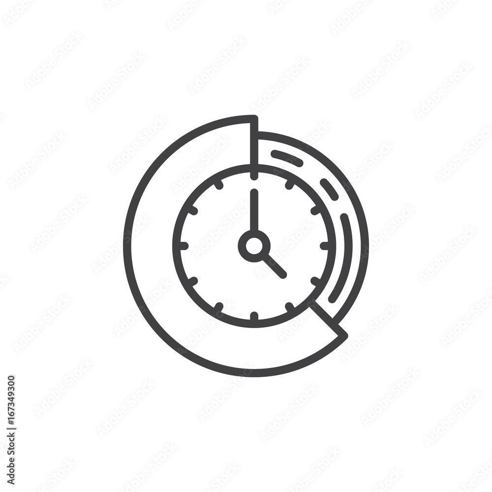 Clock and pie chart line icon, outline vector sign, linear style pictogram isolated on white. Time management symbol, logo illustration. Editable stroke. Pixel perfect vector graphics Clock and pie chart line icon, outline vector sign, linear style pictogram isolated on white. Time management symbol, logo illustration. Editable stroke. Pixel perfect vector graphics