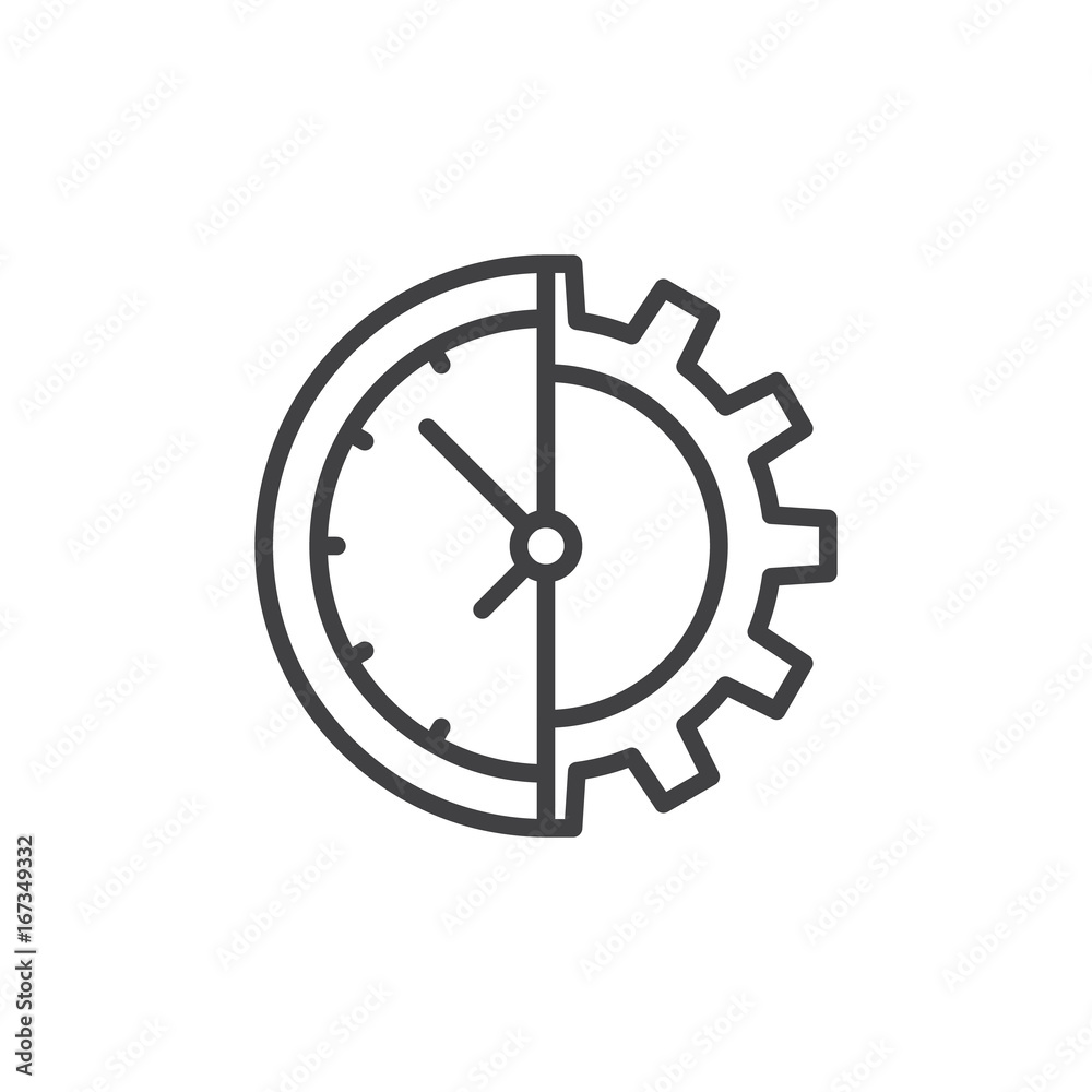 Clock and gear line icon, outline vector sign, linear style pictogram isolated on white. Symbol, logo illustration. Editable stroke. Pixel perfect vector graphics Clock and gear line icon, outline vector sign, linear style pictogram isolated on white. Symbol, logo illustration. Editable stroke. Pixel perfect vector graphics