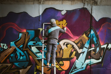 Acrylglasbilder Graffiti Graffiti artist standing on ladder and painting with aerosol spray on the wall  © sashafolly