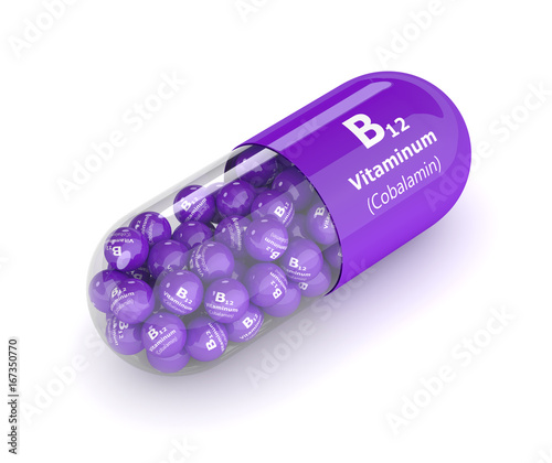3d rendering vitamin B12 pill with granules over white photo