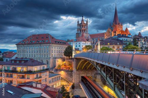 City of Lausanne. Cityscape image of downtown Lausanne, Switzerland during twilight blue hour. photo