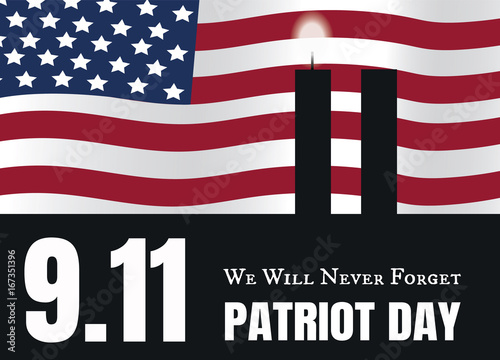 9.11 Patriot Day American Flag stripes background with twin towers candles . Patriot Day September 11, 2001 Poster Template, we will never forget, Vector illustration Patriot Day