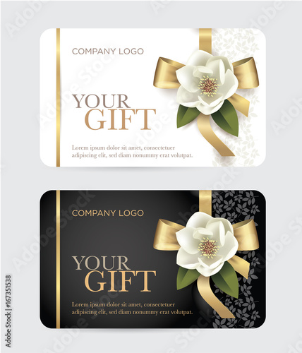 Gift card with a gold bow, ribbon and a magnolia flower. Vector template for gift card, coupon and certificate for a spa, beauty salon, shops, cosmetics and restaurants