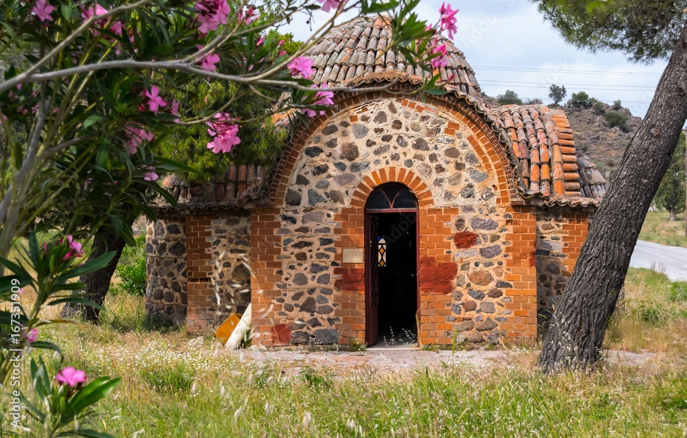 A small chapel in front of the famous monastery Moni Limonos Monastery on the island of Lesbos.