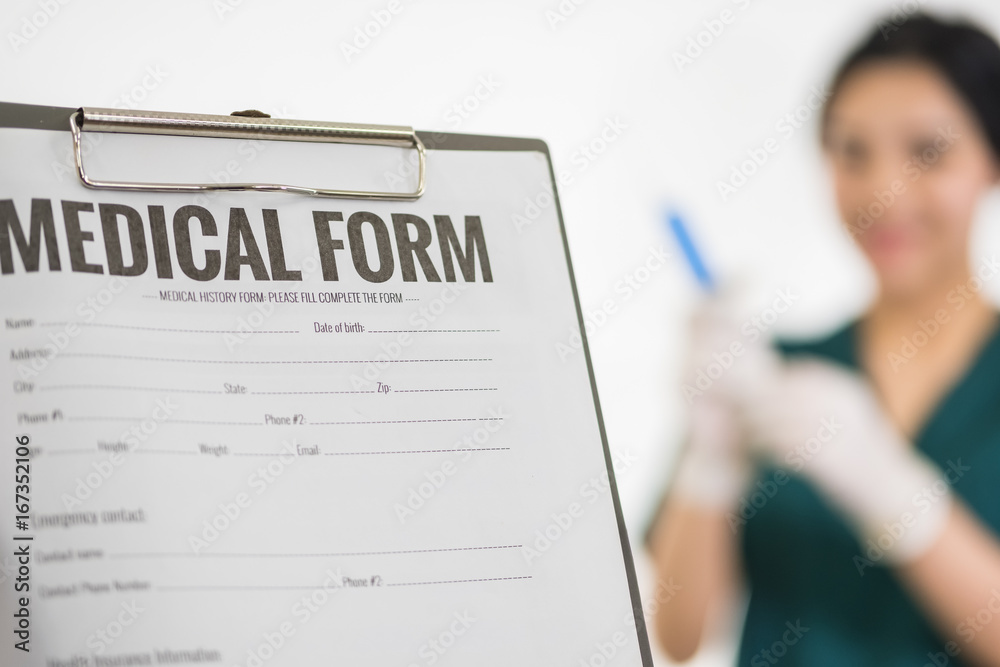 Female medicine doctor hand holding silver pen writing something on clipboard closeup. Medical care, insurance, prescription, paper work or career concept. Physician ready to examine patient and help - obrazy, fototapety, plakaty 