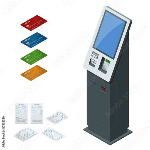 Isometric set vector online payment systems and self-service payments terminals, debit credit card and cash receipt. NFC payments, Payment terminal, Digital touch screen, interactive kiosk concept