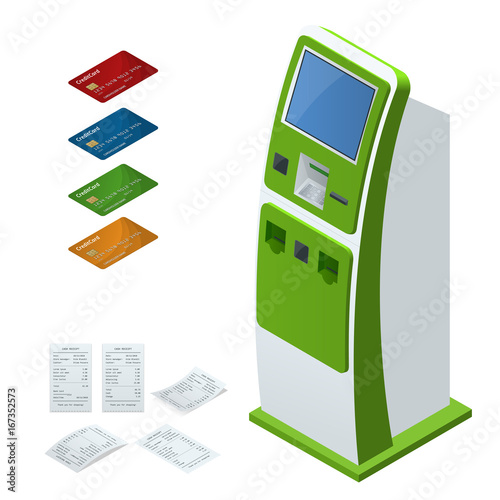 Isometric set vector online payment systems and self-service payments terminals, debit credit card and cash receipt. NFC payments, Payment terminal, Digital touch screen, interactive kiosk concept