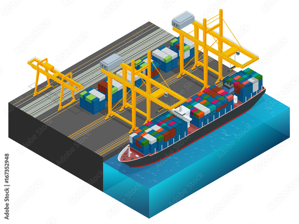 Obraz premium Isometric Cargo containers transshipped between transport vehicles for onward transportation Port warehouse and shipment for infographic Platform supply vessel Logistic support goods tools equipment