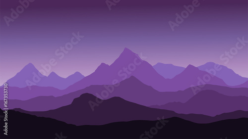 panoramic view of the mountain landscape with fog in the valley below with the alpenglow purple sky and rising sun - vector