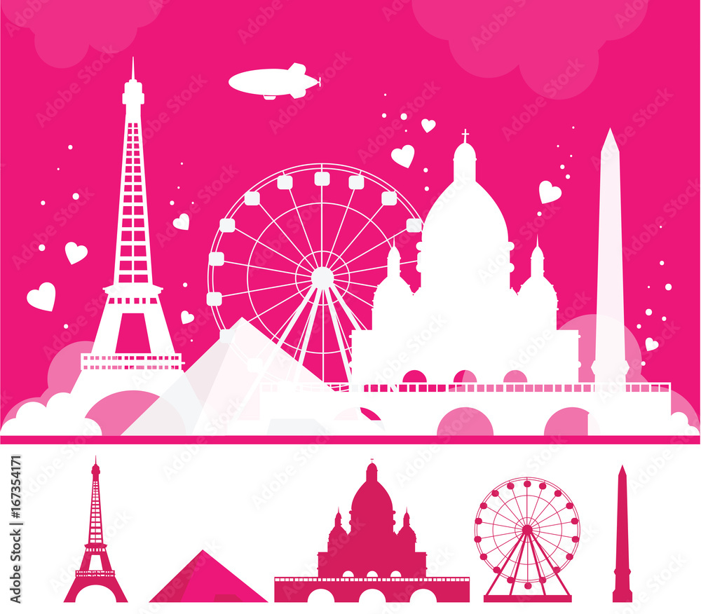 White Paris silhouette on pink background. Travel background, creative banner