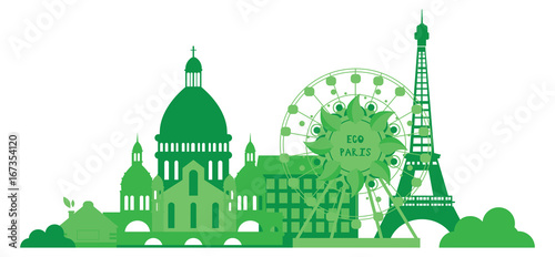 Green city silhouette in flat design. Eco Paris skyline. Eco illustration for banner, stickers