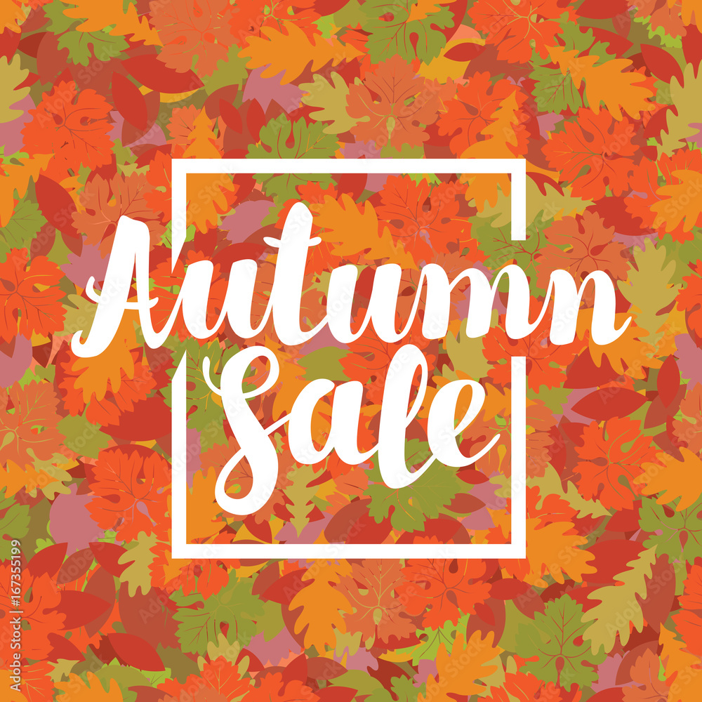 Vector illustration with the inscription Autumn sale on the background of seamless texture of colored autumn leaves. Can be used for flyers, banners or posters. Vector illustration with the inscription Autumn sale on the background of seamless texture of colored autumn leaves. Can be used for flyers, banners or posters.