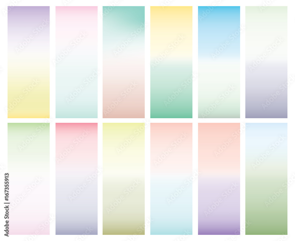 Collection of 12 abstract bright gradients. Tender colors, smooth background for design. Blue, green, yellow, pink