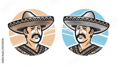 Portrait of happy Mexican in sombrero, logo or label. Vector illustration