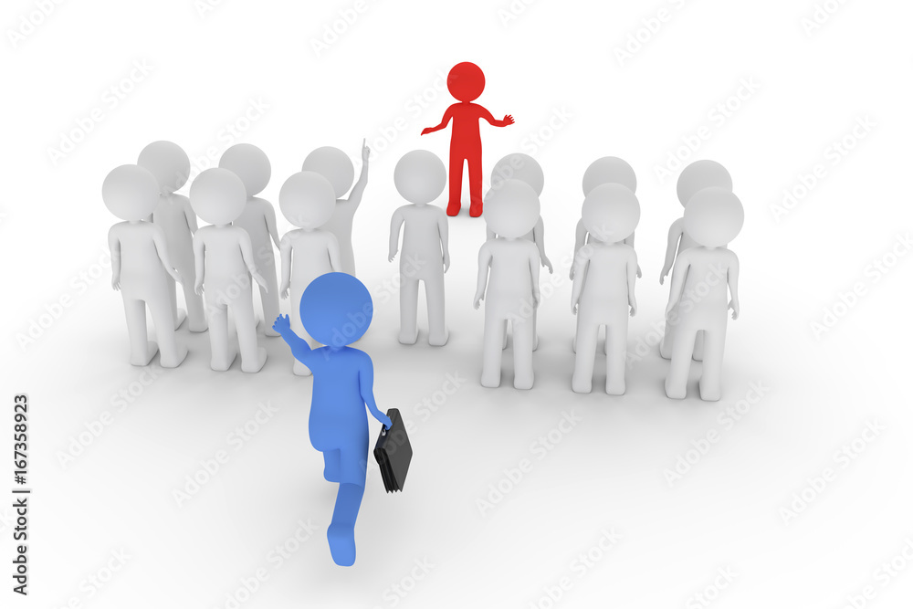 Zu spaet zum Meeting. Mehrere weisse 3D-Charaktere sind versammelt. Ein roter hält einen Vortrag. Ein blauer mit Aktentasche läuft auf die Gruppe zu. Zu spaet zum Meeting. Mehrere weisse 3D-Charaktere sind versammelt. Ein roter hält einen Vortrag. Ein blauer mit Aktentasche läuft auf die Gruppe zu.
