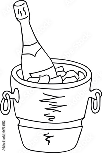 Hand drawn illustration bottle of chilled champagne wine in cooler, ice, celebration, vector, coloring page, template