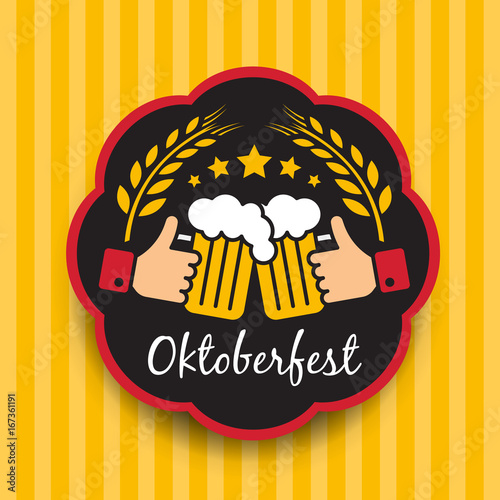 Oktoberfest with hand hold Clink glasses sign and Balley rice in circle frame on yellow vertical  background vector design