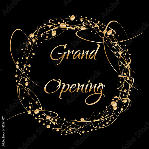 Grand opening lettering. Sparkling banner with gold sparkles. Text composition with golden paint dots splashes.. Elegant style. Vector Illustration