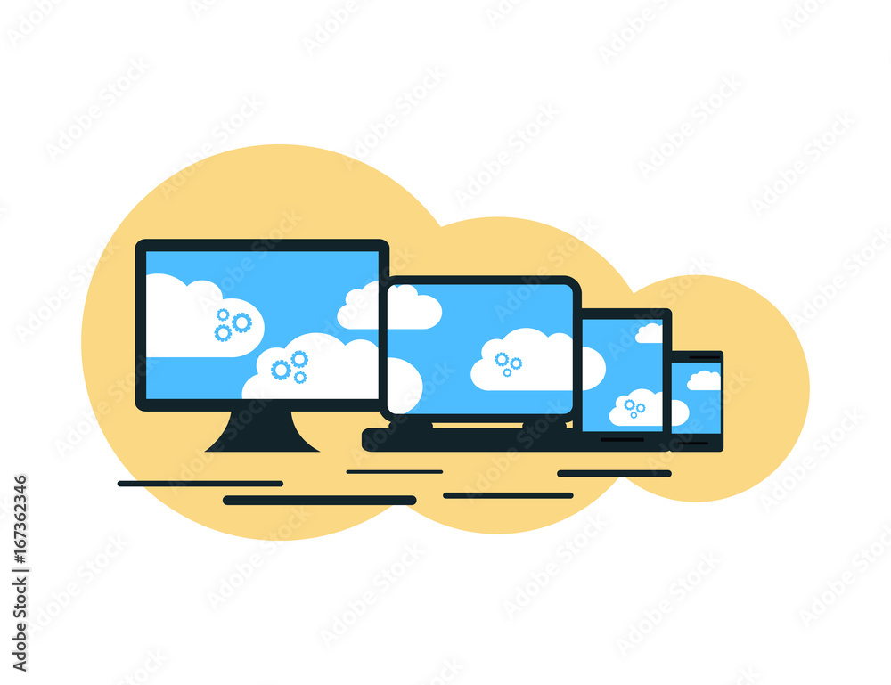 modern cloud services and Cloud Computing Elements Concept. Devices connected to the cloud with Gears. Flat Illustration. modern cloud services and Cloud Computing Elements Concept. Devices connected to the cloud with Gears. Flat Illustration.