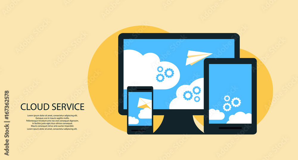 modern cloud services and Cloud Computing Elements Concept. Devices connected to the cloud with Gears. Flat Illustration. modern cloud services and Cloud Computing Elements Concept. Devices connected to the cloud with Gears. Flat Illustration.