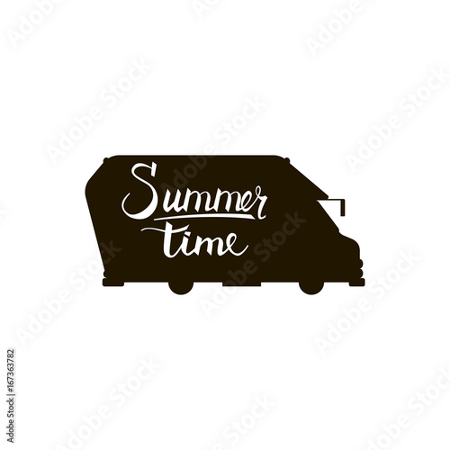 Silhouette of a bus with an inscription summer time. Inscription travel painted by brush