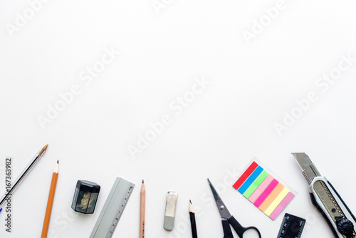 Set of stationery on white table, top view. School Concept