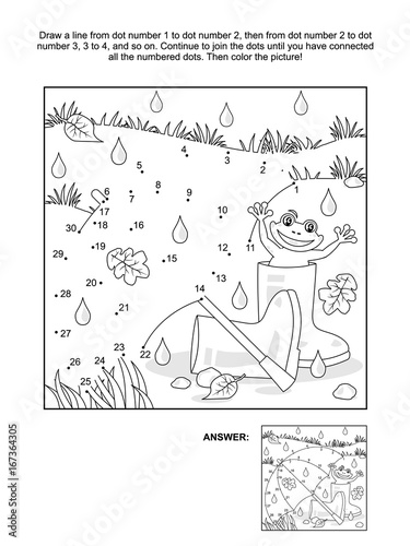 Rainy autumn day connect the dots picture puzzle and coloring page with umbrella, gumboots and happy frog. Answer included.
