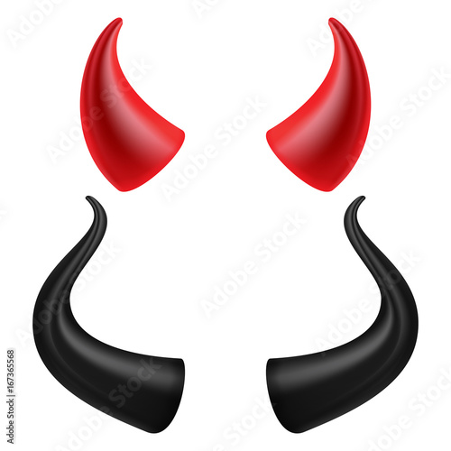 Devils Horns Vector. Realistic Red And Black Devil Horns Set. Isolated On White Illustration. photo