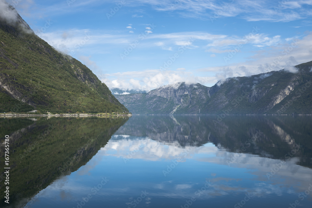 reflection of the mountains in fjord in norway