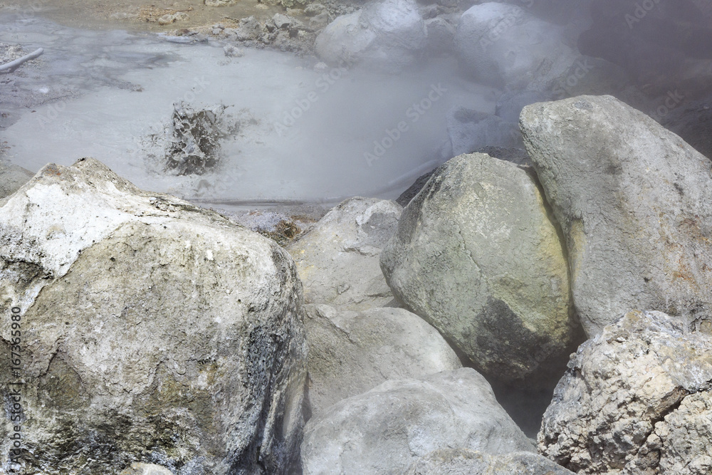 Steam and hot spring in Unzen mountain in Japan Steam and hot spring in Unzen mountain in Japan