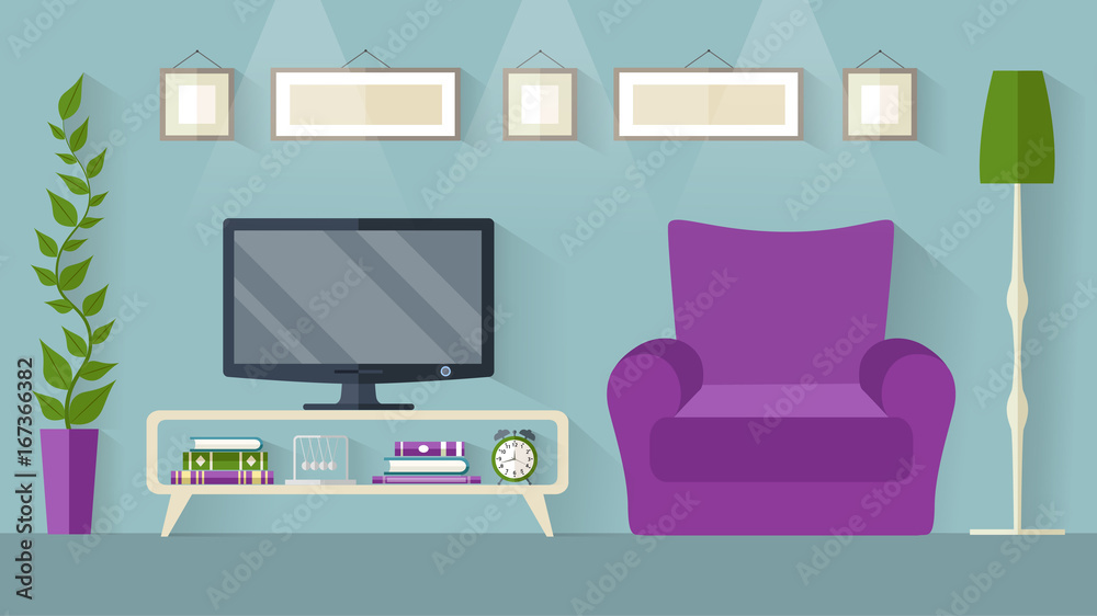 Panorama of the room with TV. Vector interior in a flat style. Rest place in the house. Banner. Panorama of the room with TV. Vector interior in a flat style. Rest place in the house. Banner.