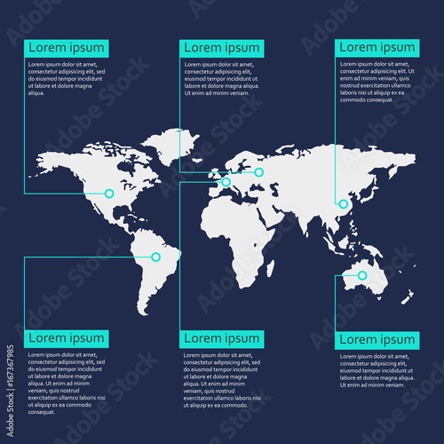 World map infographics template. Graphic information and infographic design elements. Vector illustration.