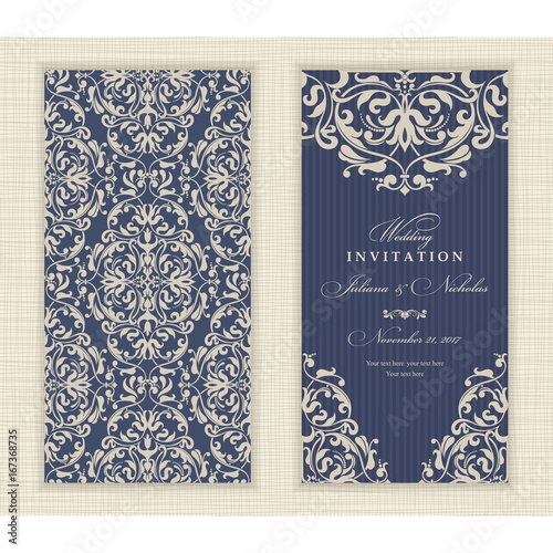 Wedding invitation cards  baroque style blue and beige. Vintage  Pattern. Retro Victorian ornament. Frame with flowers elements. Vector illustration.