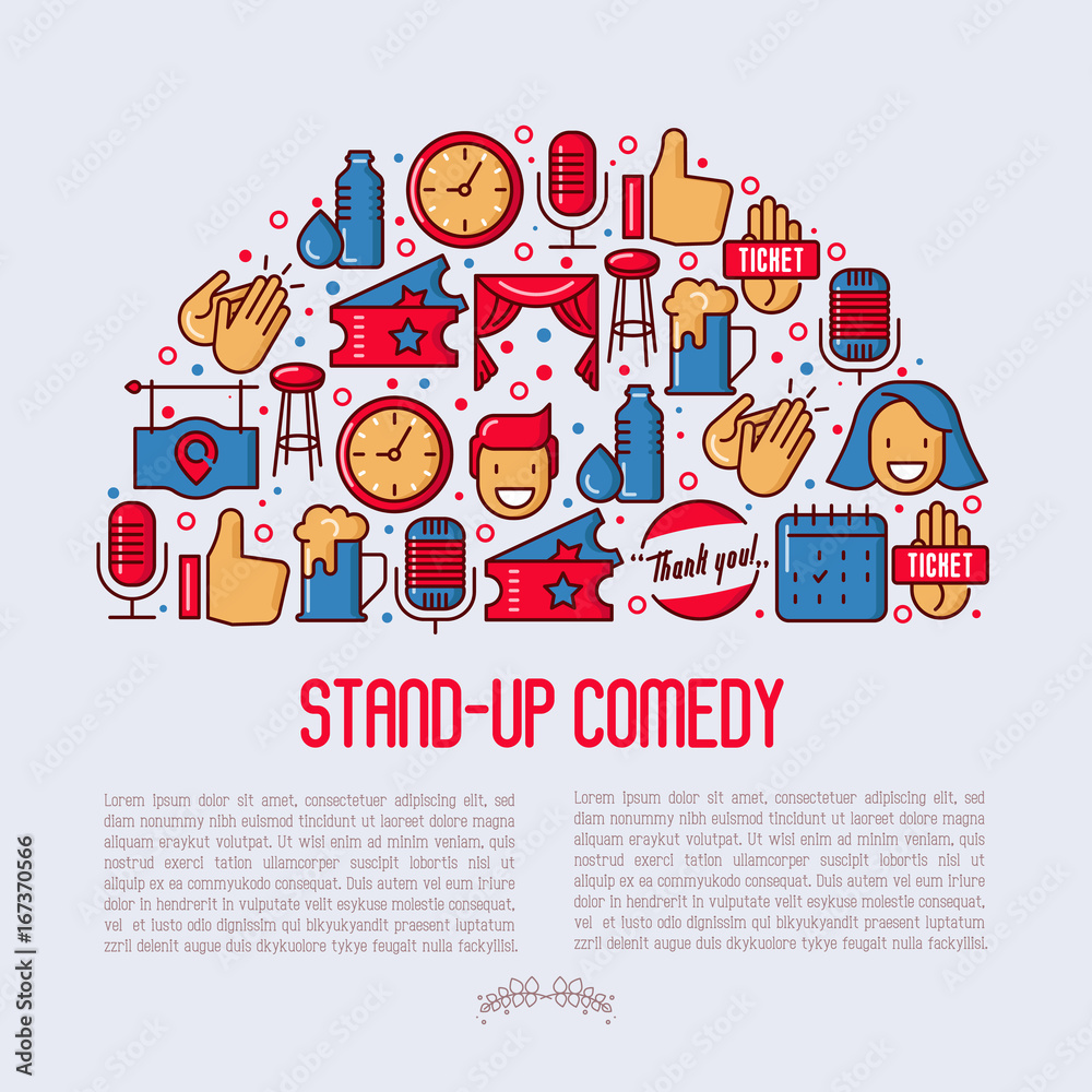 Stand up comedy show concept in half circle with thin line icons. Vector illustration for banner, web page, print media.