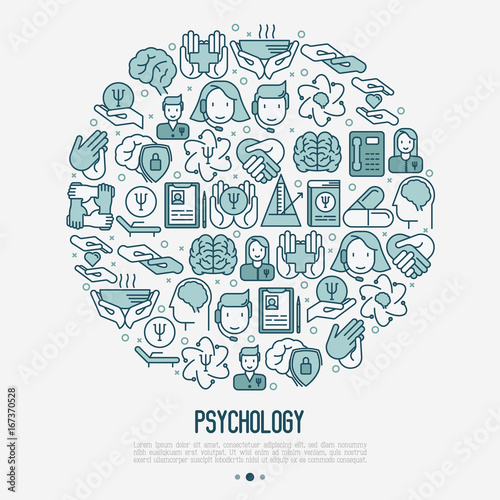 Psychological help concept in circle with thin line icons. Vector illustration for web page, banner, print media.