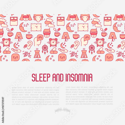 Sleep and insomnia concept with thin line icons: man in sleeping mask, comfortable pillow, alarm, aroma lamp, earplugs, sheep. Vector illustration for banner, web page, print media.